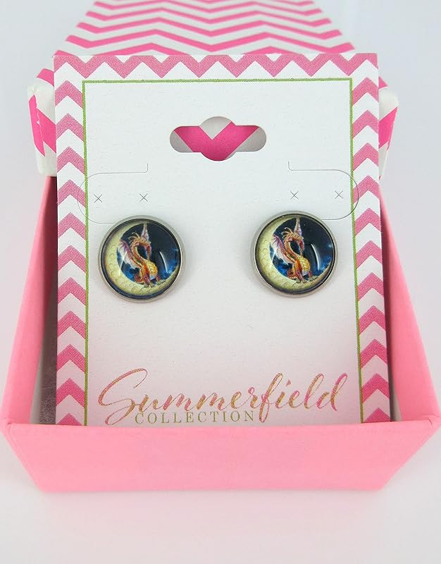 Summerfield Collection Stainless Steel Orange Dragon on Moon Print Glass Stud Earrings 12mm