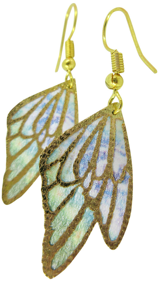 Gold Tone Butterfly Wing Fabric Dangle Earrings (Purple and Green Double Wing)