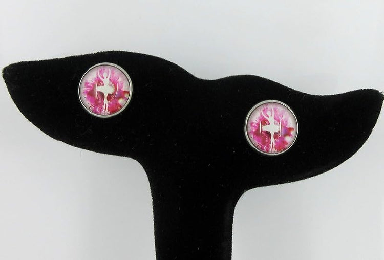 Summerfield Collection Stainless Steel Pink and White Ballet Dancer Printed Glass Stud Earrings 12mm