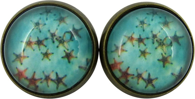 Summerfield Collection Antiqued Gold-tone Sea and Starfish Print Glass Stud Earrings 12mm