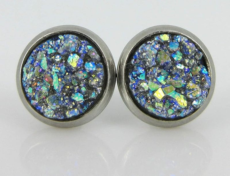 Summerfield Collection Stainless Steel Glitter Faux Druzy Stone Stud Earrings 8mm (Frost Blue)