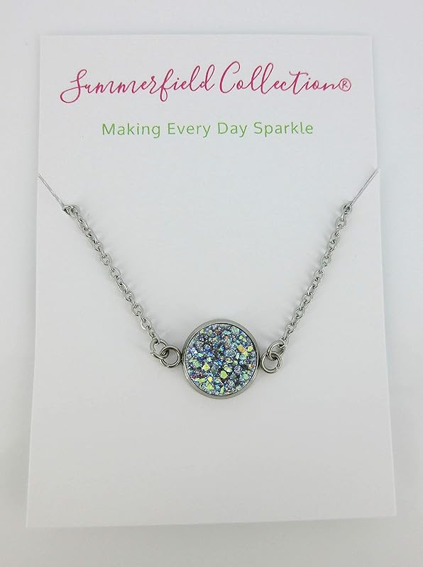 Summerfield Collection Stainless Steel Faux Druzy Stone Pendant Necklace (Frost Blue/Gray AB Glitter)