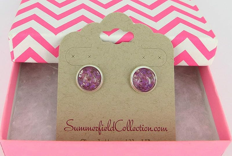 Summerfield Collection Silver-tone Clear and Dried Flower Resin Stud Earrings 10mm (Purple)