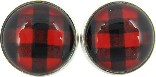 Summerfield Collection Stainless Steel Buffalo Plaid Print Glass Stud Earrings 12mm (Red/Black)