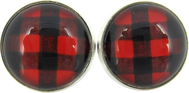 Summerfield Collection Stainless Steel Buffalo Plaid Print Glass Stud Earrings 12mm (Red/Black)