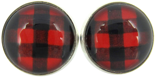 Silver-tone Black and Red Buffalo Plaid Print Glass Stud Earrings 12mm