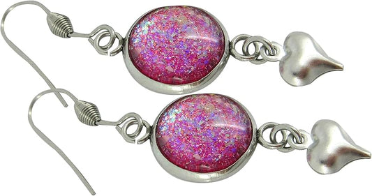 Summerfield Collection Stainless Steel Pink and Iridescent Glitter Flake Glass Heart Charm Dangle Earrings