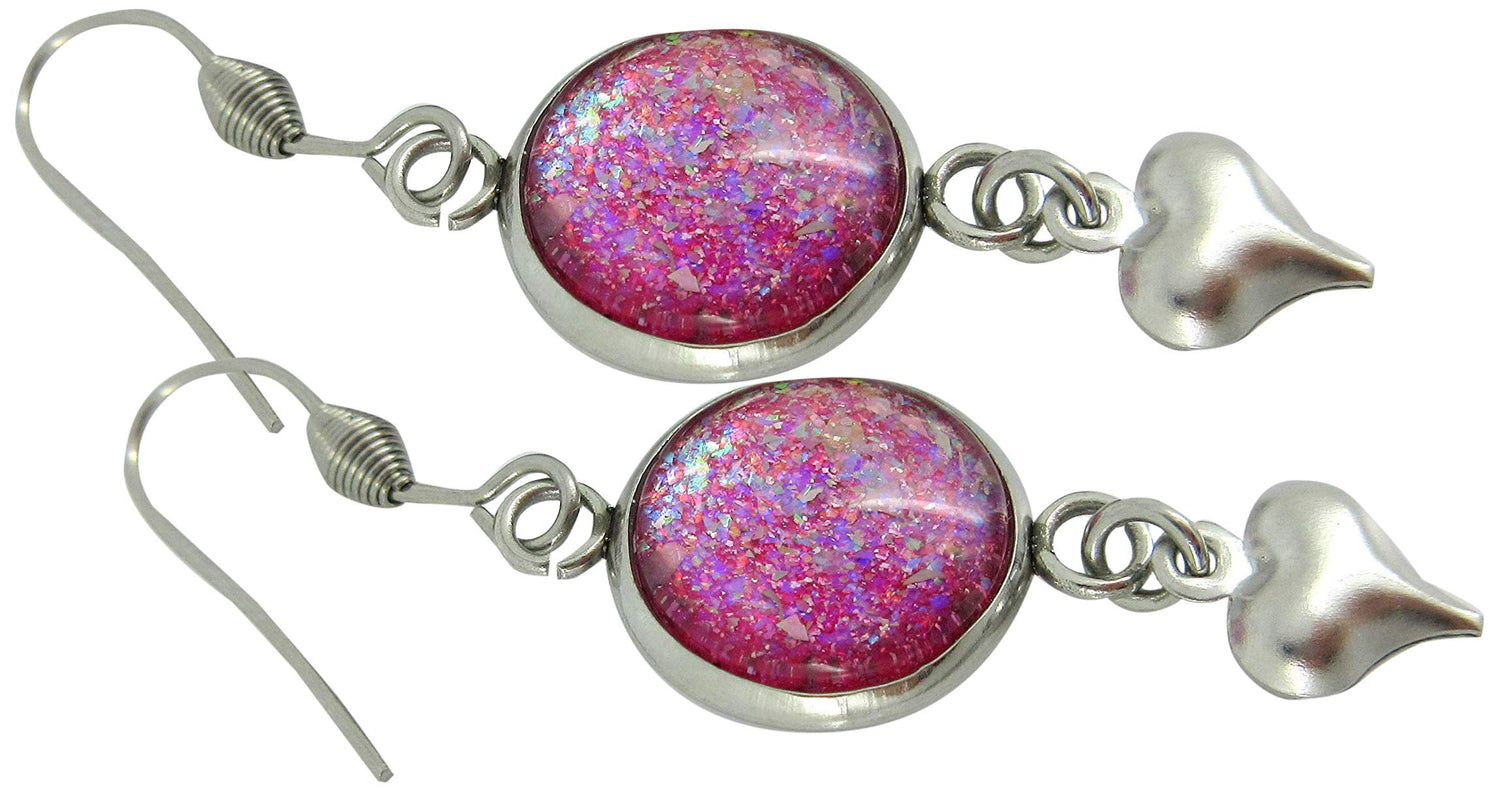 Stainless Steel Pink and Iridescent Glitter Flake Glass Heart Charm Dangle Earrings