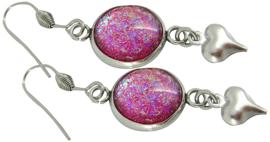 Stainless Steel Pink and Iridescent Glitter Flake Glass Heart Charm Dangle Earrings