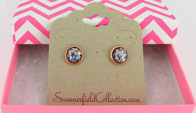 Summerfield Collection Rose Gold-tone Aqua Blue Silver and Pink Glitter Resin Stud Earrings 8mm