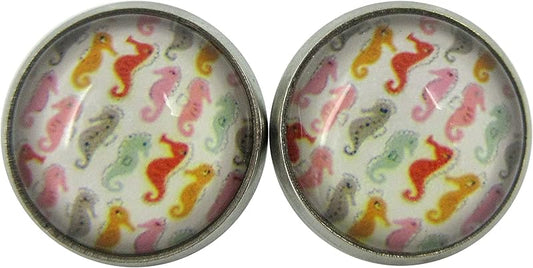 Summerfield Collection Stainless Steel Colorful Seahorse Print Glass Stud Earrings 12mm