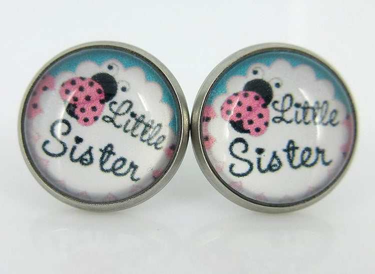 Summerfield Collection Stainless Steel Sister Print Glass Stud Earrings 12mm (Little Sister)