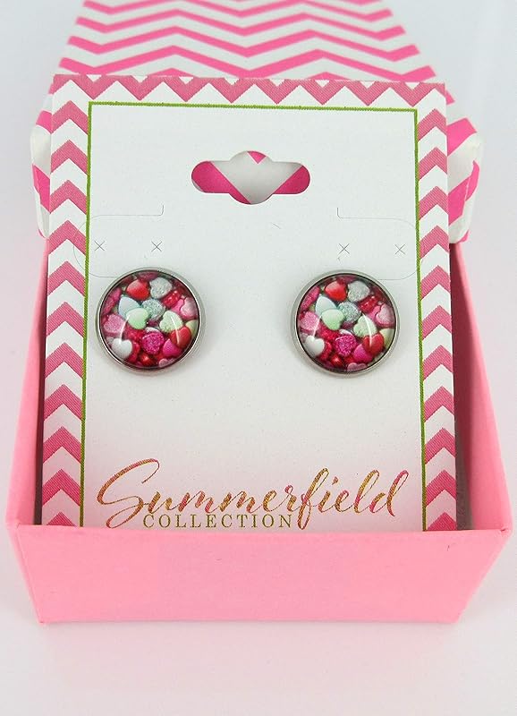 Summerfield Collection Stainless Steel Heart Print Glass Stud Earrings 12mm