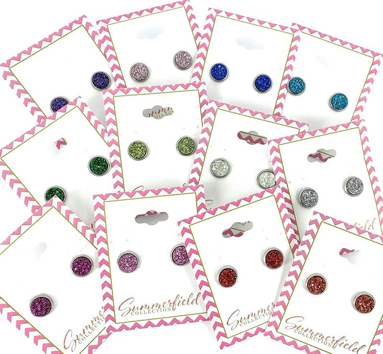 Summerfield Collection Stainless Steel Glitter Faux Druzy Stone Stud Earrings 8mm (Light Lilac)