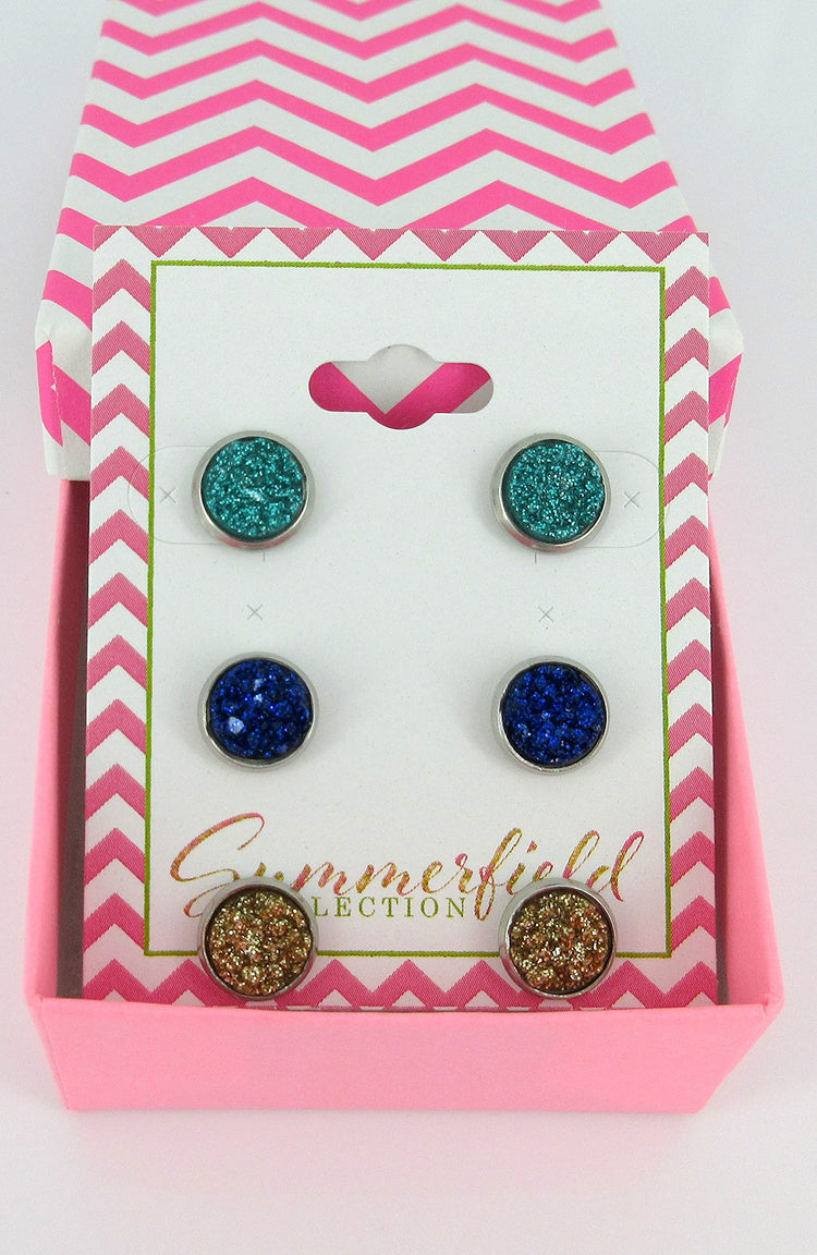 Trio Stainless Steel Ocean Blues Faux Glitter Druzy Stone 8mm Stud Earrings Set Teal Cobalt