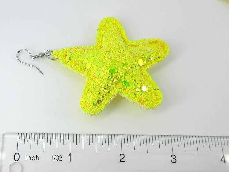 Summerfield Collection Stainless Steel Pastel Glitter Faux Leather Large Puffy Star Dangle Earrings (Bold Yellow)