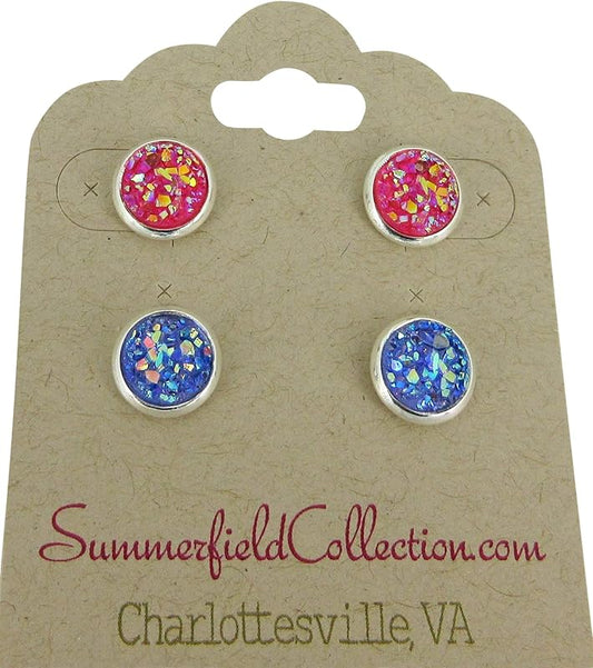 Summerfield Collection Duo Silver-tone Faux Druzy Stone Stud Earrings 8mm Set (Pink AB/Purple)