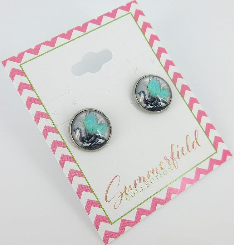 Summerfield Collection Stainless Steel Gray Black Aqua Blue Dragon Print Glass Stud Earrings 12mm