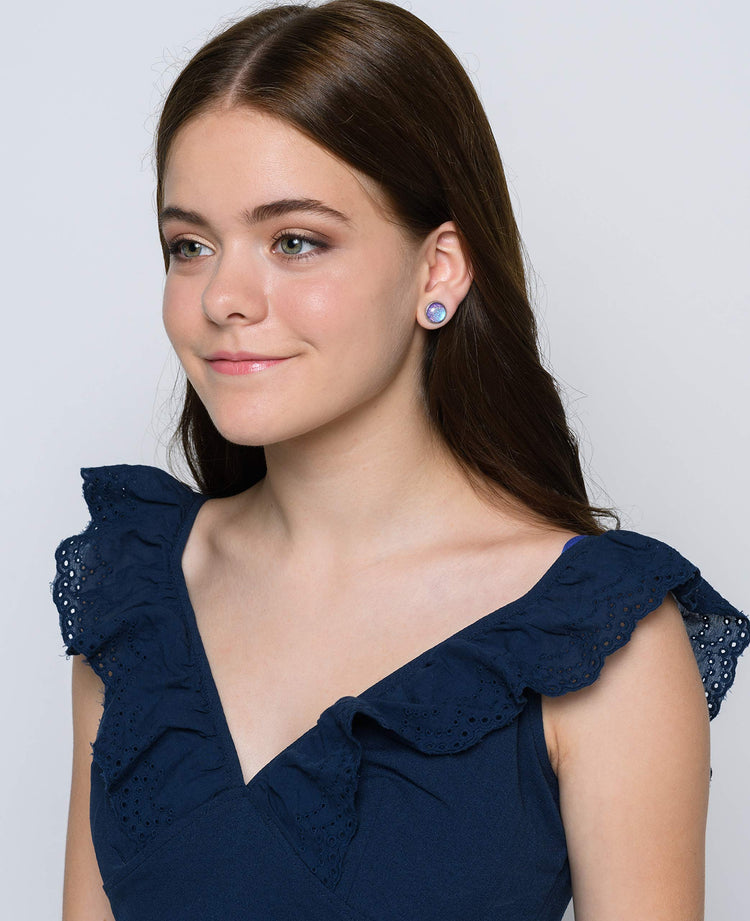 Stainless Steel Blue Purple Glitter Glass Stud Earrings Hand-painted 10mm