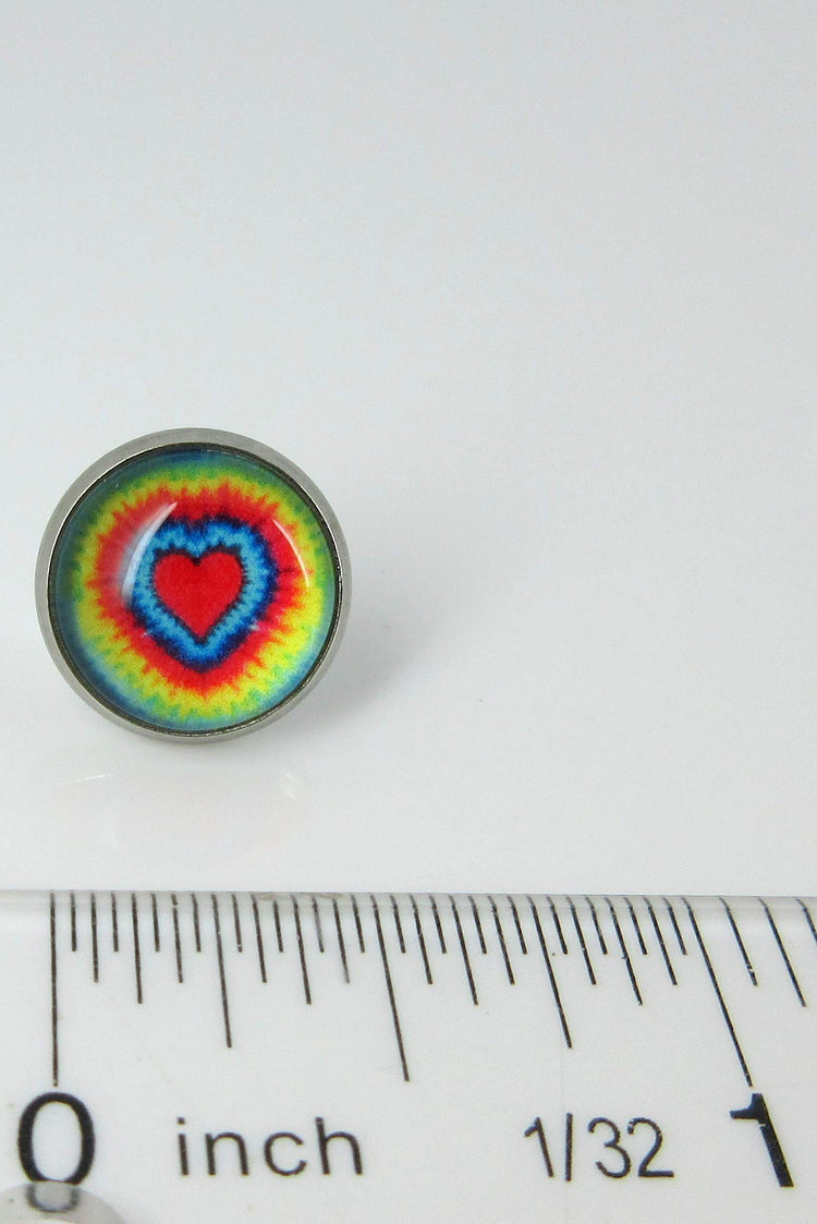 Stainless Steel Tie Dye Print Glass Stud Earrings 12mm (Heart)