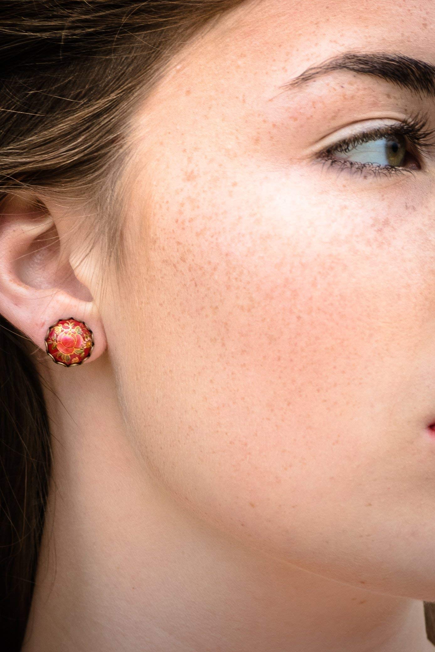 Antiqued Gold-tone Floral Print Stud Earrings 12mm