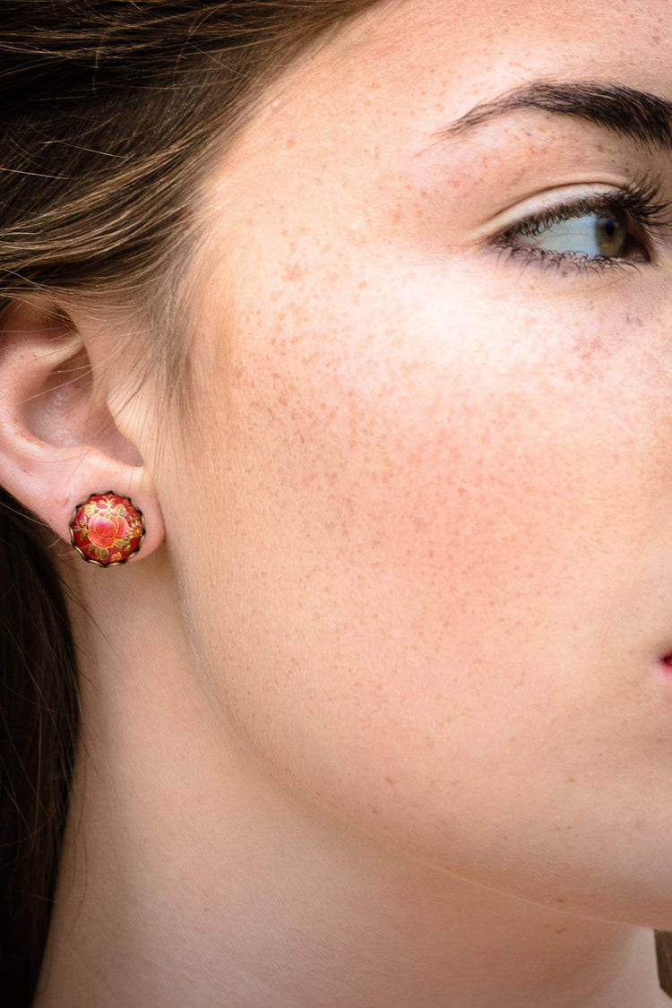 Antiqued Gold-tone Floral Print Stud Earrings 12mm