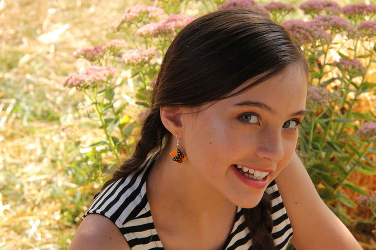 Silver-tone Orange Enamel Butterfly Charm Dangle Earrings
