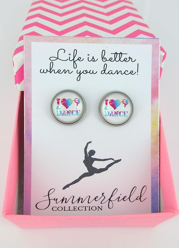 Summerfield Collection Stainless Steel I Heart Dance Print Glass Stud Earrings 12mm (I Heart Dance)