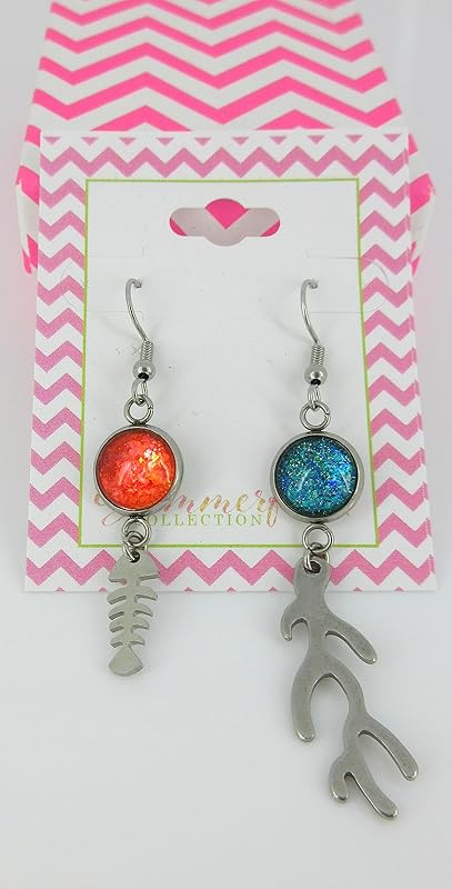 Summerfield Collection Stainless Steel Mismatch Glitter Glass Fish and Coral Charm Dangle Earrings Handpainted Ocean Theme