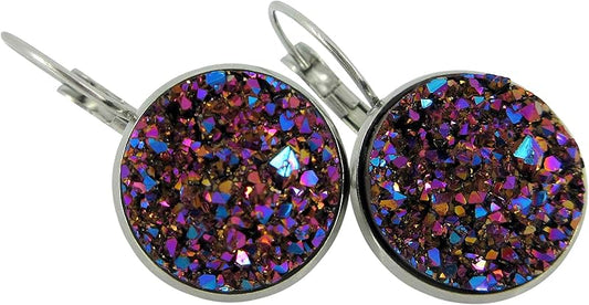 Summerfield Collection Stainless Steel Faux Druzy Stone Lever-back Drop Earrings 14mm (Pink/Purple/Teal)