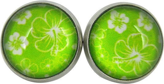 Summerfield Collection Stainless Steel Hibiscus Flower Print Glass Stud Earrings 12mm Hawaiian (Lime Green)