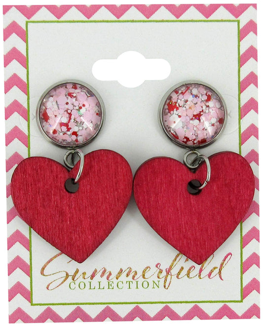 Stainless Steel Pink White Glitter Glass Red Heart Wood Drop Earrings