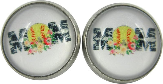 Summerfield Collection Stainless Steel Softball Mom Print Glass Stud Earrings 12mm