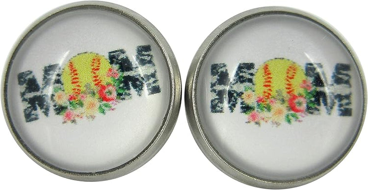 Summerfield Collection Stainless Steel Softball Mom Print Glass Stud Earrings 12mm