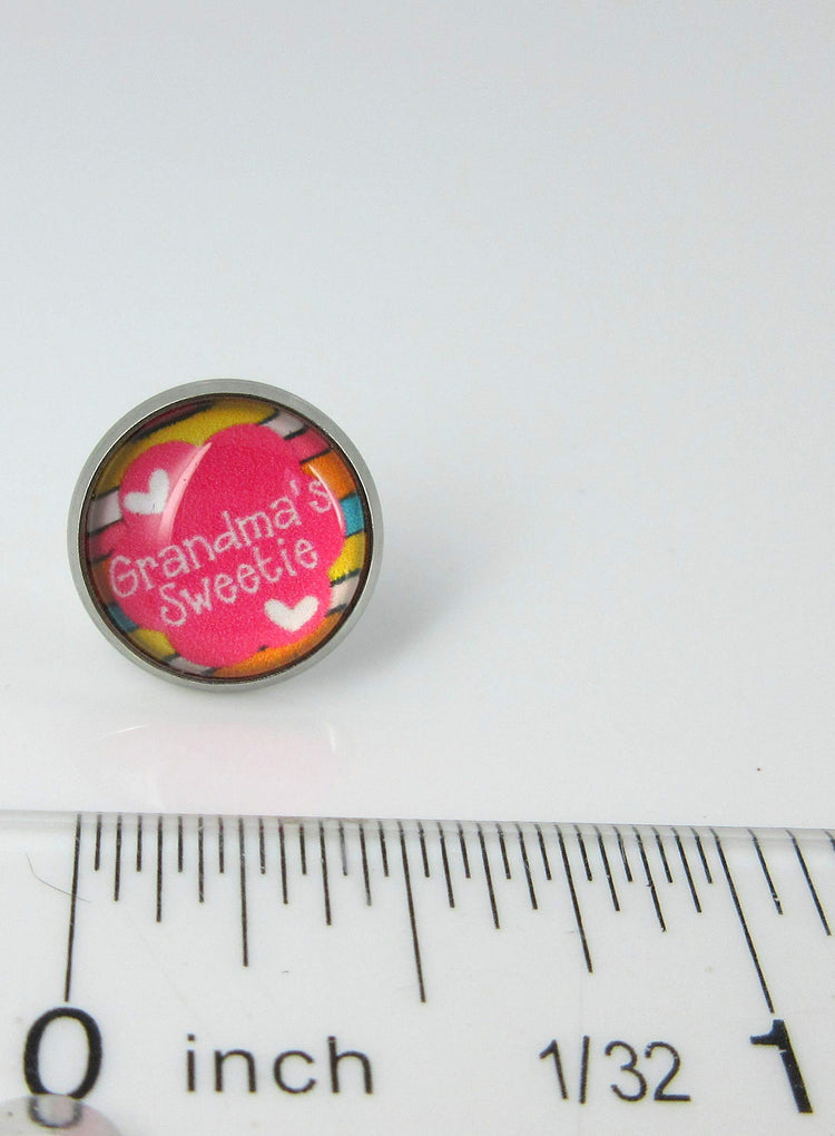 Stainless Steel Grandma's Sweetie Print Glass Stud Earrings 12mm Pink