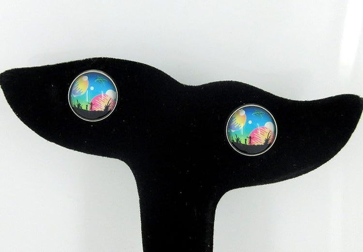 Summerfield Collection Stainless Steel Night Sky Planet Alien UFO Scene Print Glass Stud Earrings 12mm