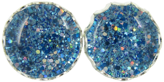 Silver-tone Blue Sparkle Glitter Glass Stud Earrings Hand-painted 10mm