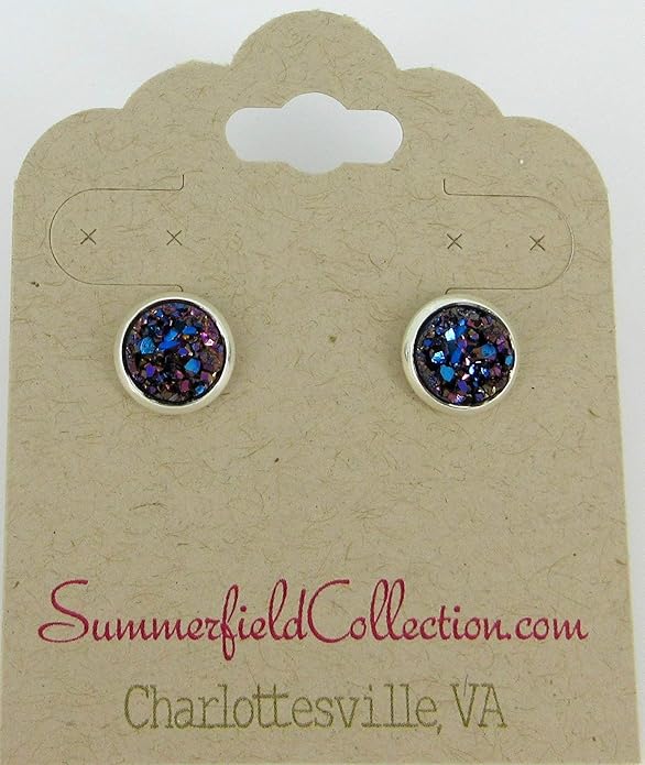 Silver-tone Metallic Faux Druzy Stone Stud Earrings 8mm (Blue)