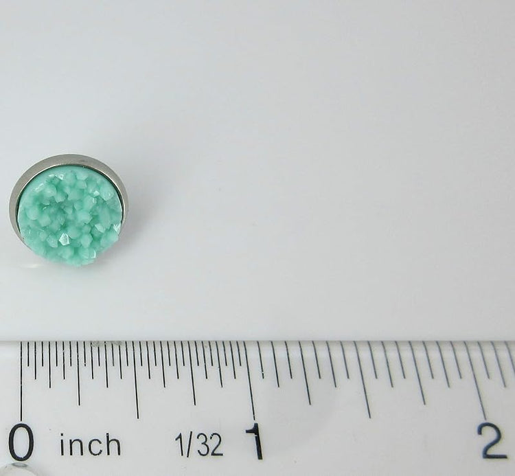 Summerfield Collection Duo Stud Earrings Stainless Steel Sweet Mint Green Faux Druzy Stone and Flamingo Print Glass 12mm Set