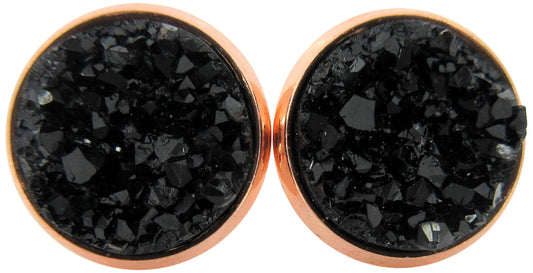 Rose Gold-tone Black Faux Druzy Stone Stud Earrings 12mm