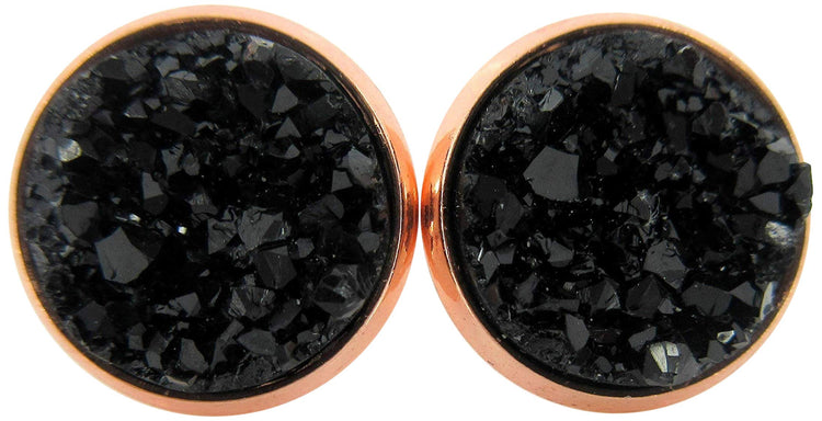 Rose Gold-tone Black Faux Druzy Stone Stud Earrings 12mm