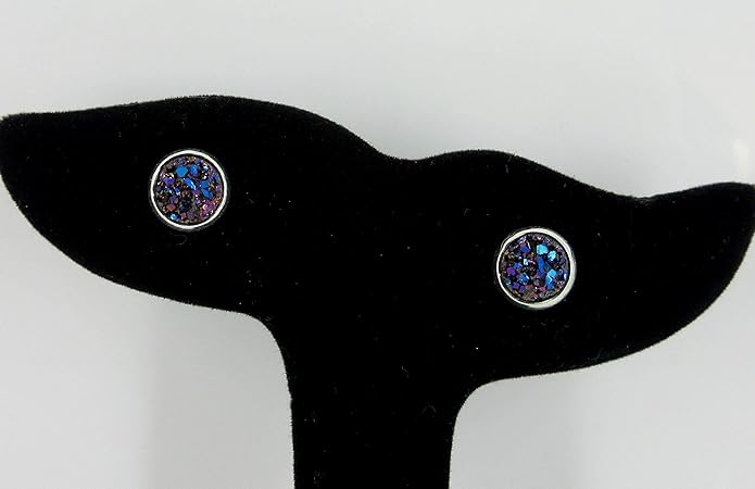 Silver-tone Metallic Faux Druzy Stone Stud Earrings 8mm (Blue)