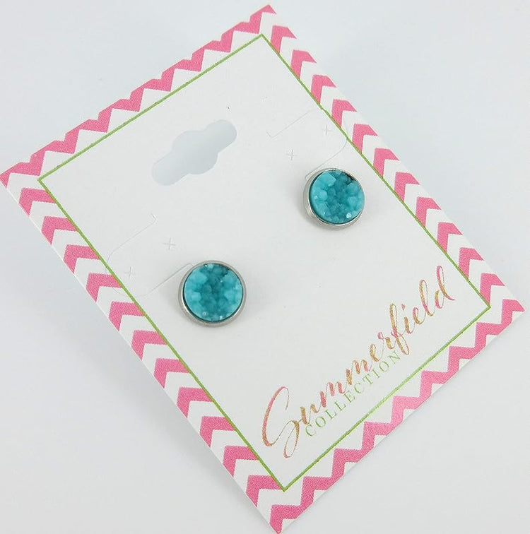 Summerfield Collection Stainless Steel Matte Faux Druzy Stone Stud Earrings 8mm (Aqua Blue)