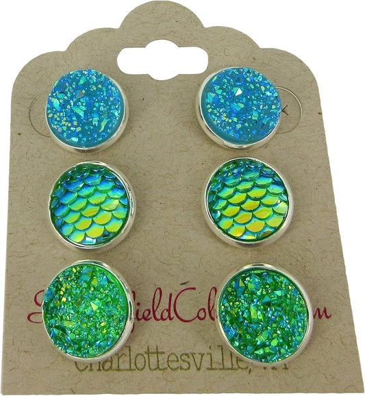 Summerfield Collection Trio Silver-tone Stud Earrings Green AB Blue Faux Druzy Stone Mermaid Scale Set 12mm
