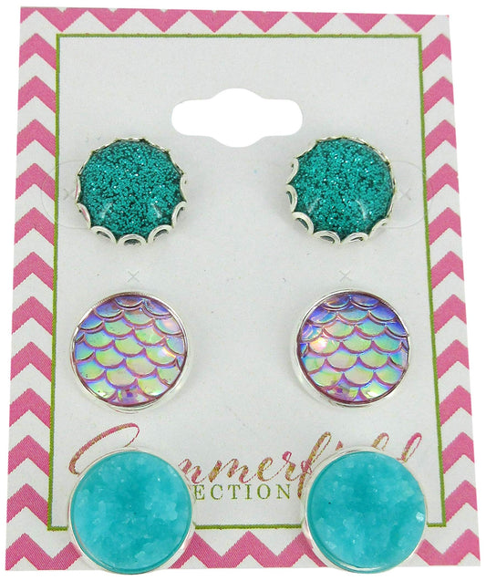 Trio Silver-tone Stud Earrings Aqua Blue Faux Druzy Stone Mermaid Scale Glitter Resin Set