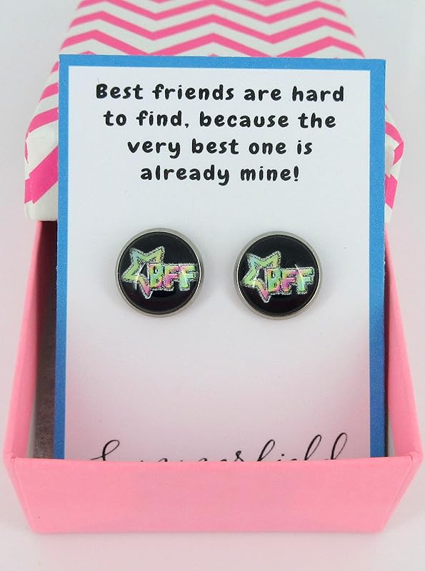 Summerfield Collection Stainless Steel Best Friends Print Glass Stud Earrings 12mm (Neon Star)