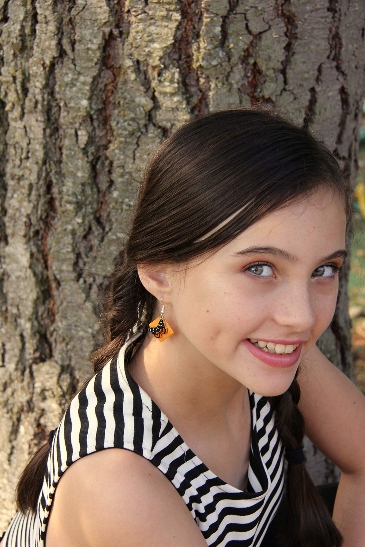 Silver-tone Orange Enamel Butterfly Charm Dangle Earrings