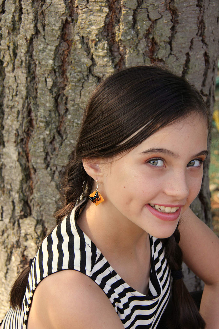 Silver-tone Orange Enamel Butterfly Charm Dangle Earrings