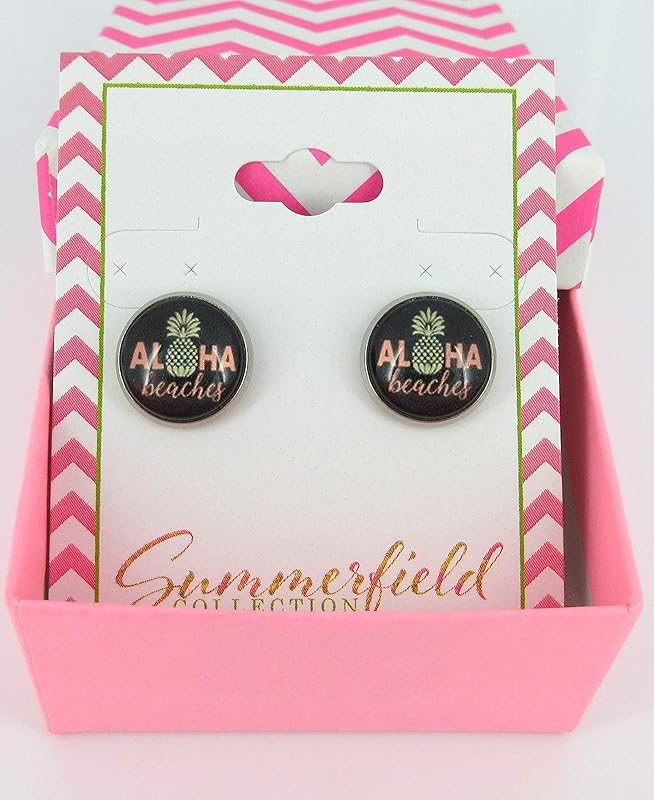 Summerfield Collection Stainless Steel Aloha Beaches Pineapple Print Glass Stud Earrings 12mm