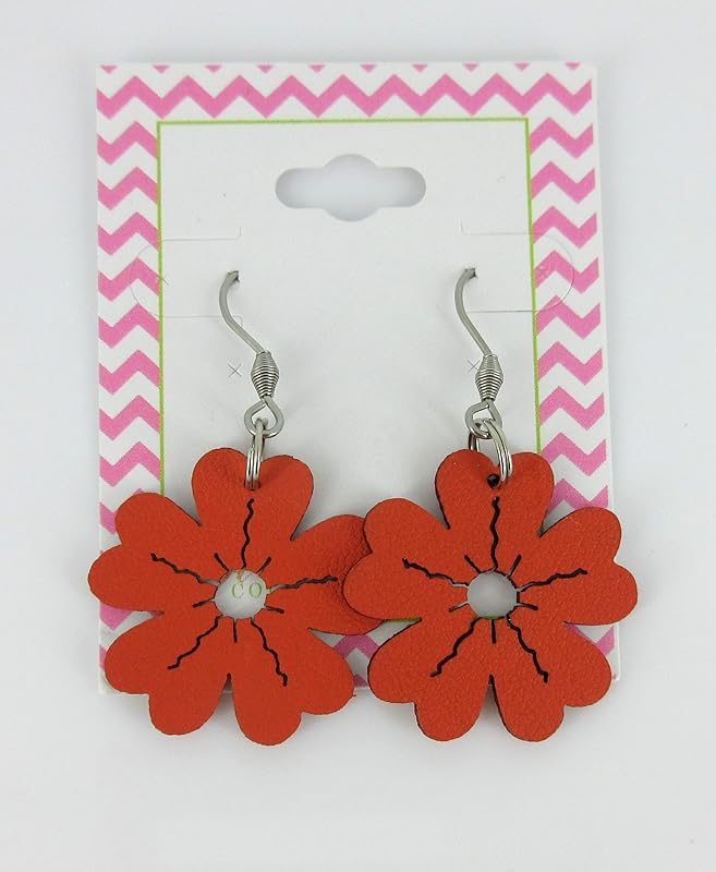 Summerfield Collection Flower Faux Leather Dangle Earrings Stainless Steel Brown Orange
